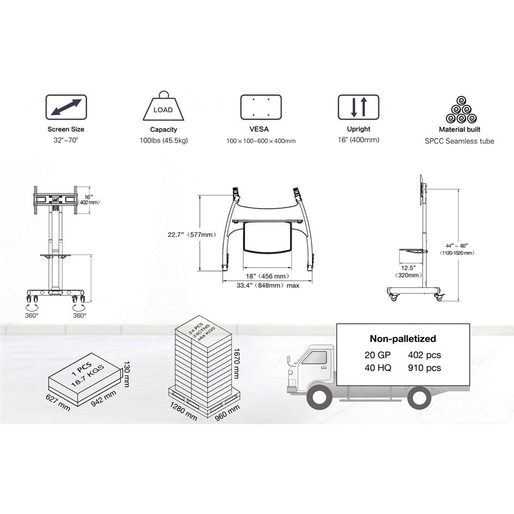 Height Adjustable Trolley For Tv Screen Size 40 65 Max 45 5kg