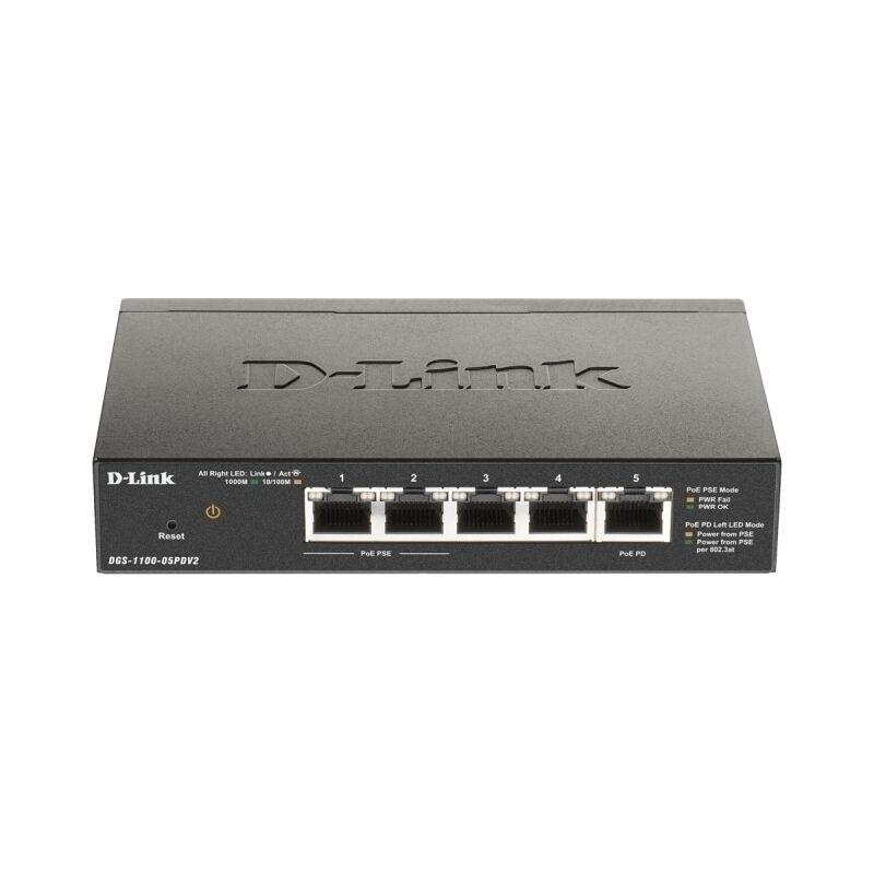 D-Link 5-Port Gigabit D-Link DGS-1100-05PDV2 5-Port Gigabit PoE-Powered Smart Managed Switch | Quiet Fanless Design