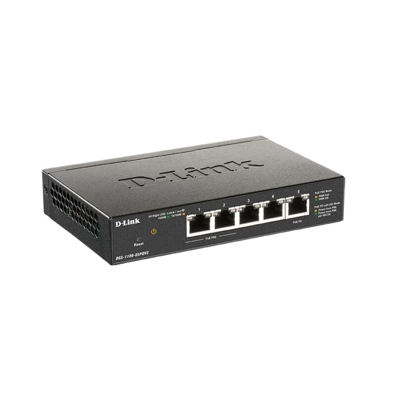 D-Link 5-Port Gigabit D-Link DGS-1100-05PDV2 5-Port Gigabit PoE-Powered Smart Managed Switch | Quiet Fanless Design