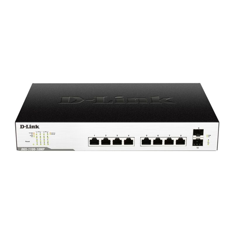 D-Link 10-Port Gigabit Smart Managed PoE+ Switch with 8 PoE & 2 SFP Ports (130W) – Surveillance & VoIP Ready