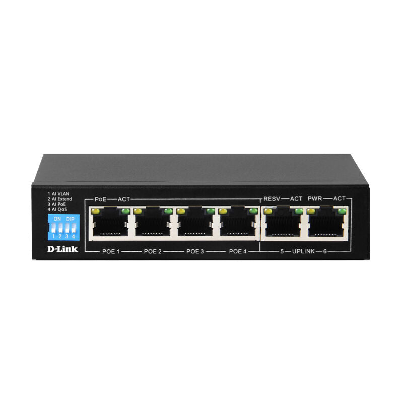 D-Link DGS-F1006P-E | 6-Port Gigabit Long Reach PoE+ Switch with 4 PoE Ports & 2 Uplinks – Silent, Smart & Scalable