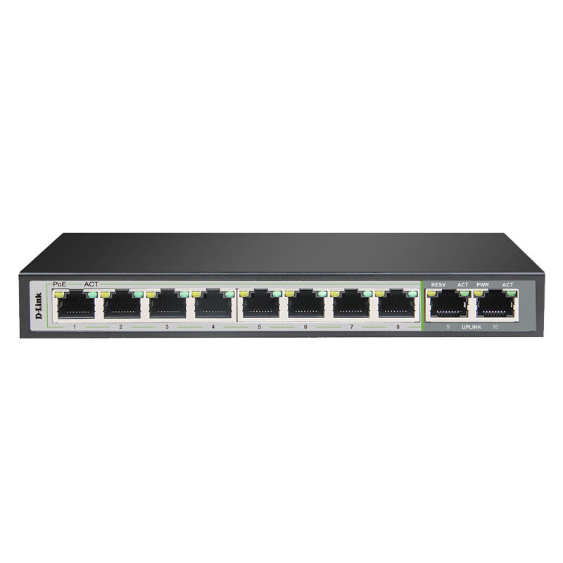 D-Link DGS-F1010P-E | 10-Port Gigabit PoE+ Long Reach Switch with 8 PoE Ports & 2 Uplinks – Smart, Silent, and Scalable