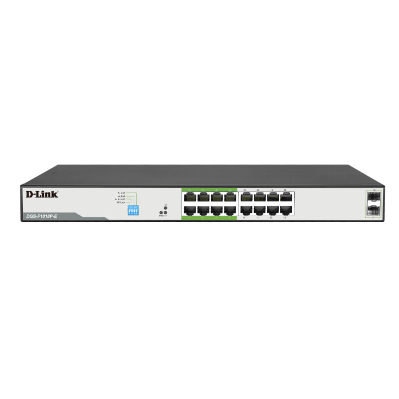 D-Link DGS-F1018P-E | 18-Port Gigabit PoE+ Switch with 16 PoE Ports & 2 SFP Uplinks – Long Reach, Smart, and Scalable