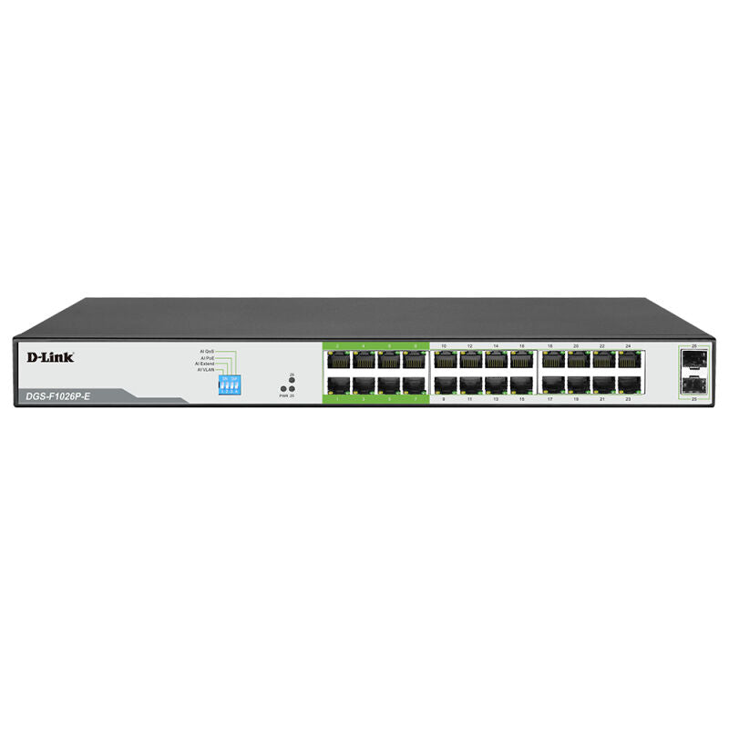 D-Link DGS-F1026P-E | 26-Port Gigabit PoE+ Rackmount Switch with 24 PoE Ports & 2 SFP Uplinks – High Power, Long Reach & Smart Control