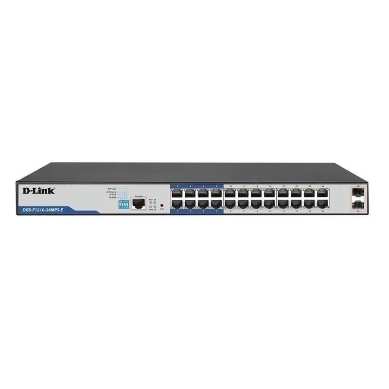 D-Link DGS-F1210-26MPS-E 26-Port Gigabit Smart Managed PoE+ Switch | 24 PoE+ Ports (8 Long Reach), 2 SFP Ports, 380W PoE Budget