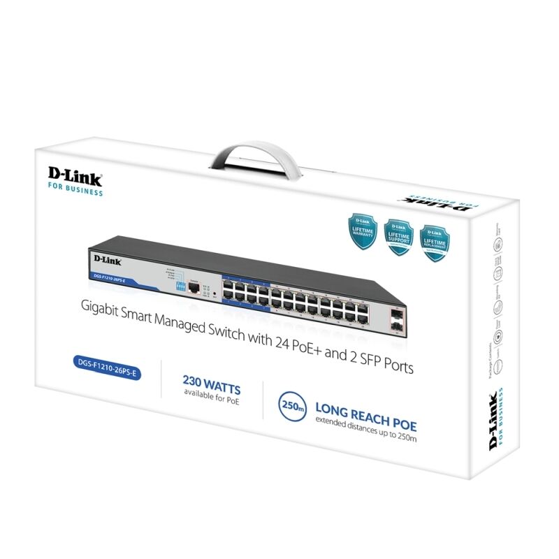 D-Link DGS-F1210-26PS-E 26-Port Smart Managed PoE+ Switch | 24 PoE+ Ports (8 Long Reach), 2 SFP Uplinks