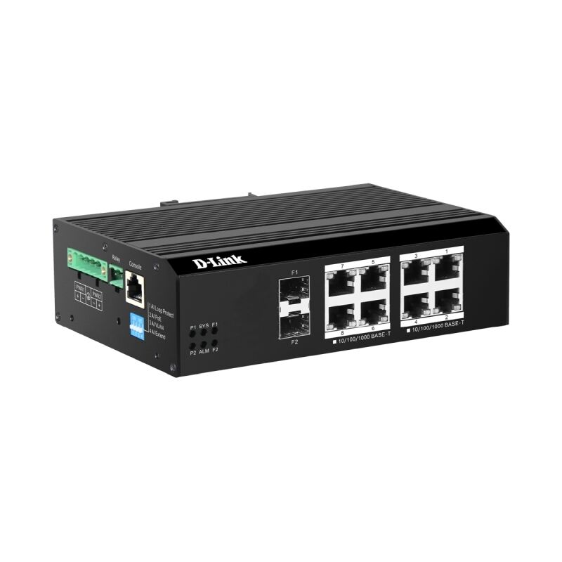 D-Link DIS-F200G-10PS-E SwitchD-Link DIS-200G-10PSW Industrial 10-Port Gigabit Smart Managed PoE+ Switch – 240W | 8 PoE+ & 2 SFP Ports