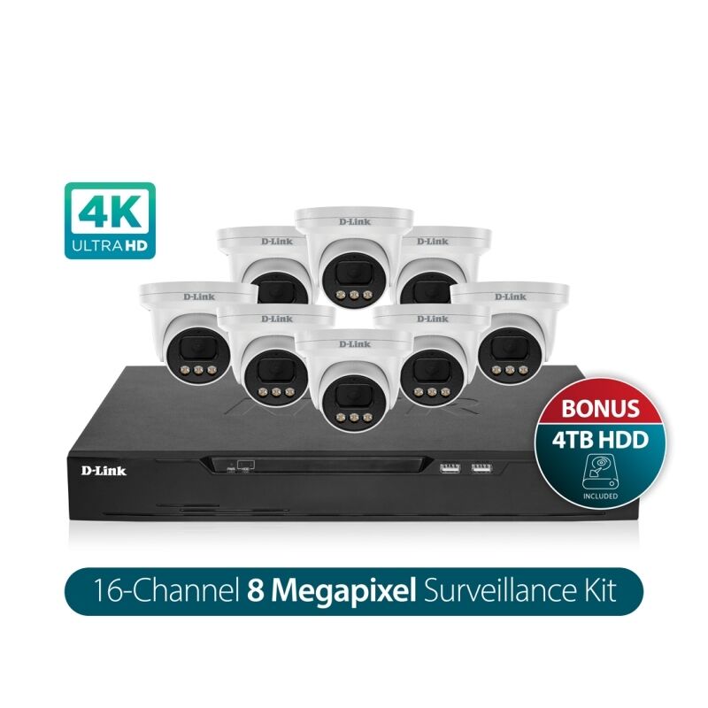D-Link DNR16P-8MP-4TB Vigilance 4K Surveillance Kit | 16CH NVR, 8 x 8MP Turret Cameras, AI Detection, 4TB HDD