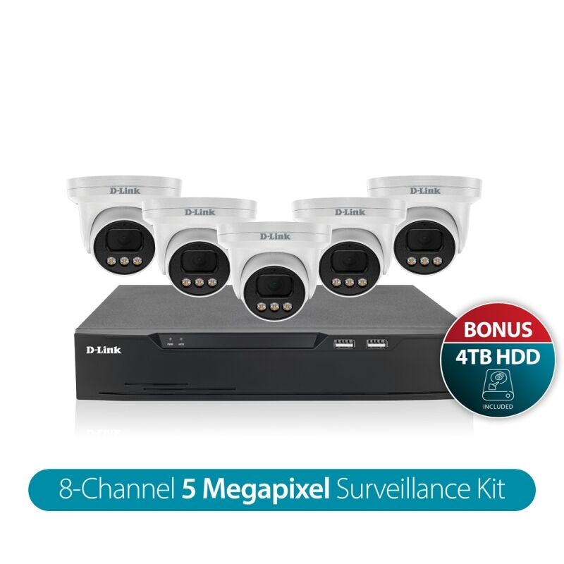 D-Link DNR8P-5MP-4TB Vigilance Surveillance Kit | 8CH NVR with 5 x 5MP Turret Cameras, PoE & 4TB HDD | AI Detection Security System