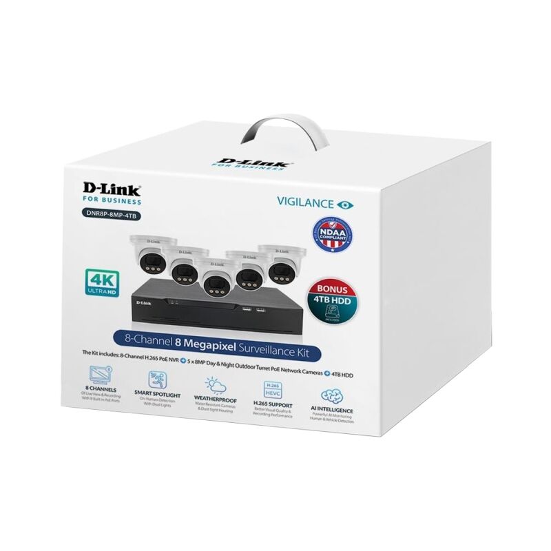 D-Link DNR8P-8MP-4TB 4K Surveillance Kit | 8CH PoE NVR with 5 x 8MP Turret Cameras & 4TB HDD