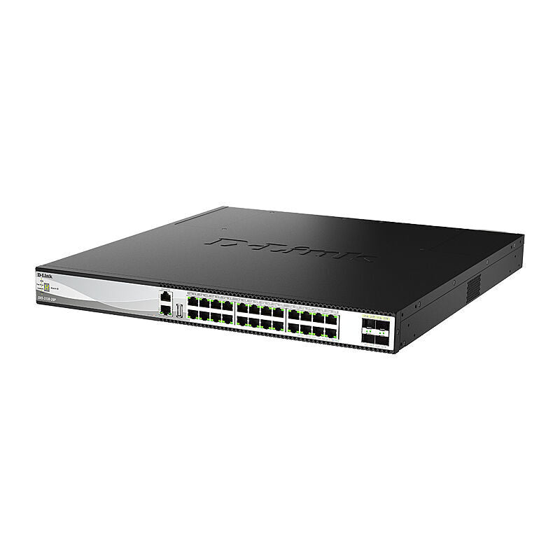 D-Link DXS‑3130‑28P Stackable 10 Gigabit PoE++ Layer 3 Switch – 24 x 10G PoE++, 4 x 25G SFP28, 1440 W Budget