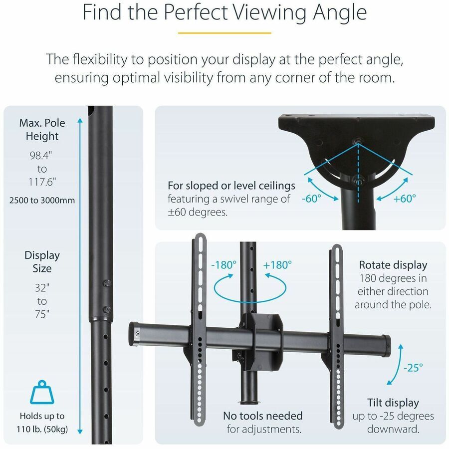 StarTech.com FPCEILPTBLP Full-Motion Long Pole Ceiling TV Mount for 32