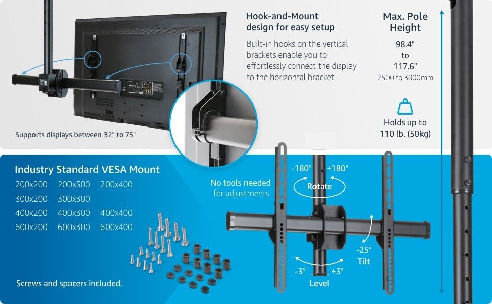 StarTech.com FPCEILPTBLP Full-Motion Long Pole Ceiling TV Mount for 32